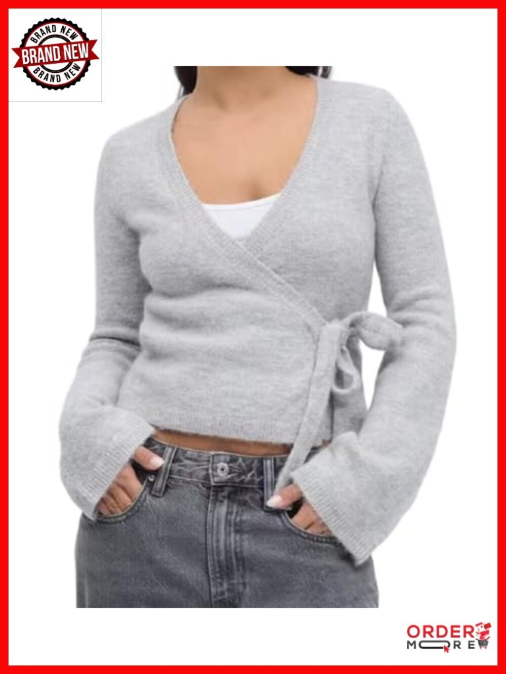 Lightweight Wrap Sweater Side Tie Front V Neck Fitted Cropped Cardigan
